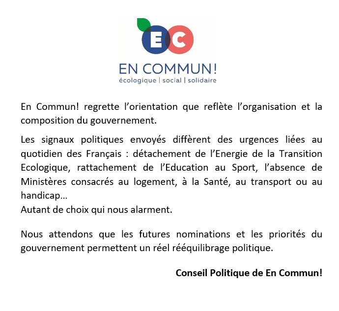EnCommun_parti's tweet photo. En Commun ! regrette l’orientation que reflète l’organisation et la composition du Gouvernement.

Notre réaction 👇🏿 https://t.co/YwPnqnDsRs