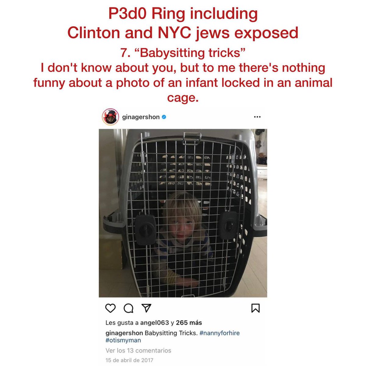This individual on Instagram has posted some very disturbing things including links to buy children and a child in a cage.

Check out all the pedophilie symbolism and guess who she takes a picture with?

Bill Clinton