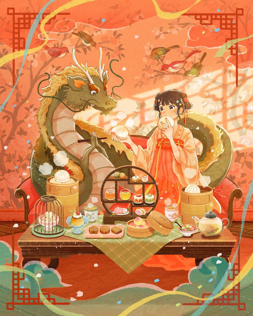 1girl eastern dragon teapot dragon food chinese clothes tea set  illustration images