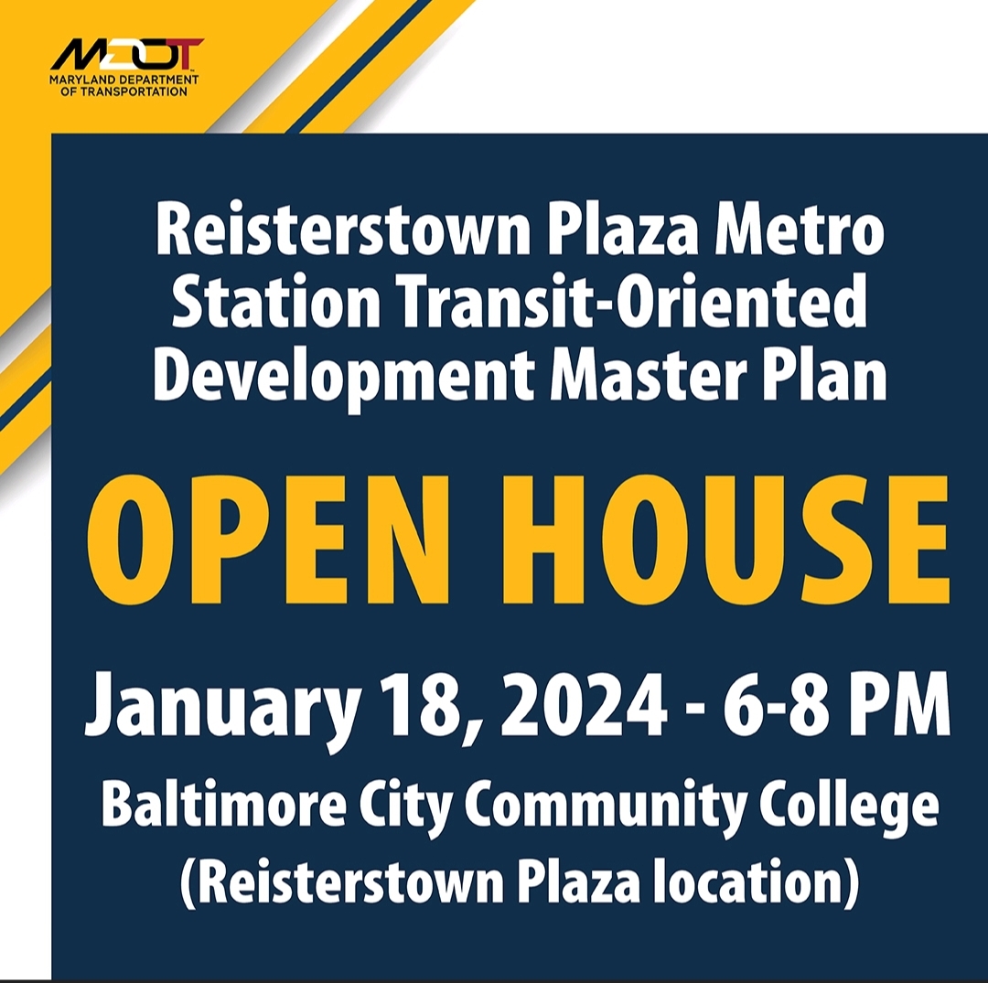 ICYMI: Interested in learning more about the proposed Reisterstown Plaza Transit-Oriented Development? Come to an open house from 6-8 p.m. on Jan. 18 <a href="/my_bccc/">My_BCCC</a>. Provide feedback &amp; have questions answered by MDOT, <a href="/mtamaryland/">MTA Maryland</a> &amp; others. More: ow.ly/t2TQ50QnvZx. #MDOTlistens