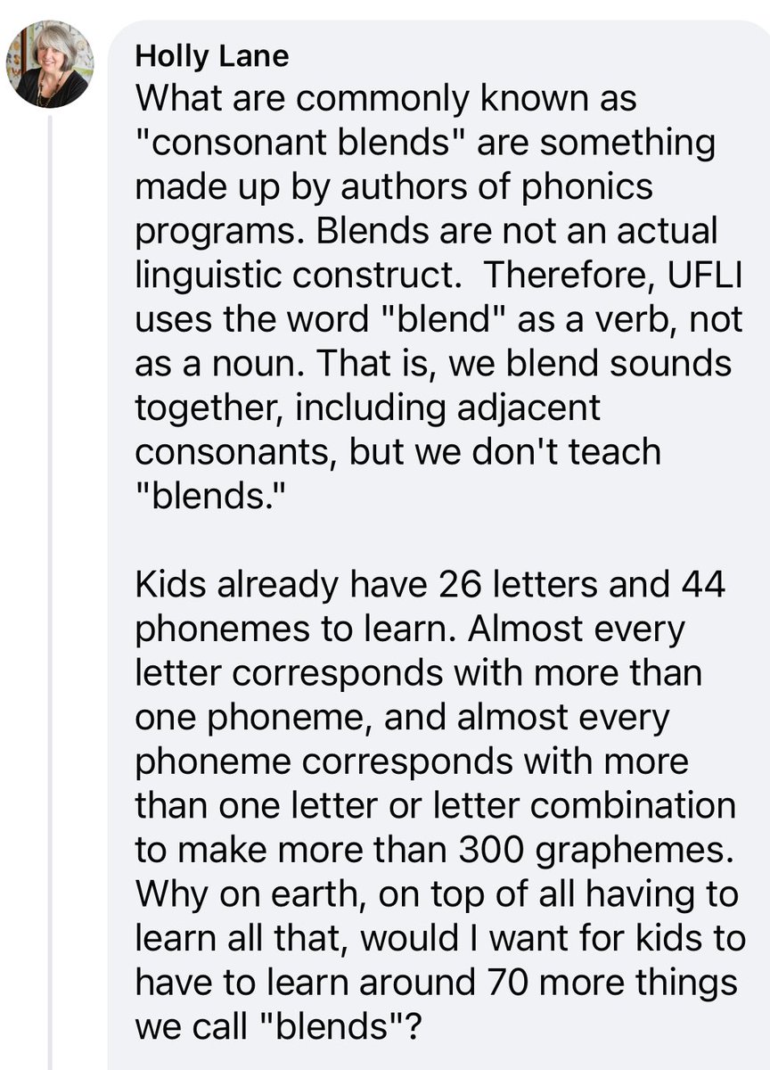 thismomloves's tweet image. Should we teach “blends”?
❤️ this from @HollyLanePhD in the UFLI FB group.
Tbh I tend to avoid FB groups these days as the abundance of inaccurate/misleading replies raises my blood pressure…but when Holly jumps in to answer a question it’s worth reading!