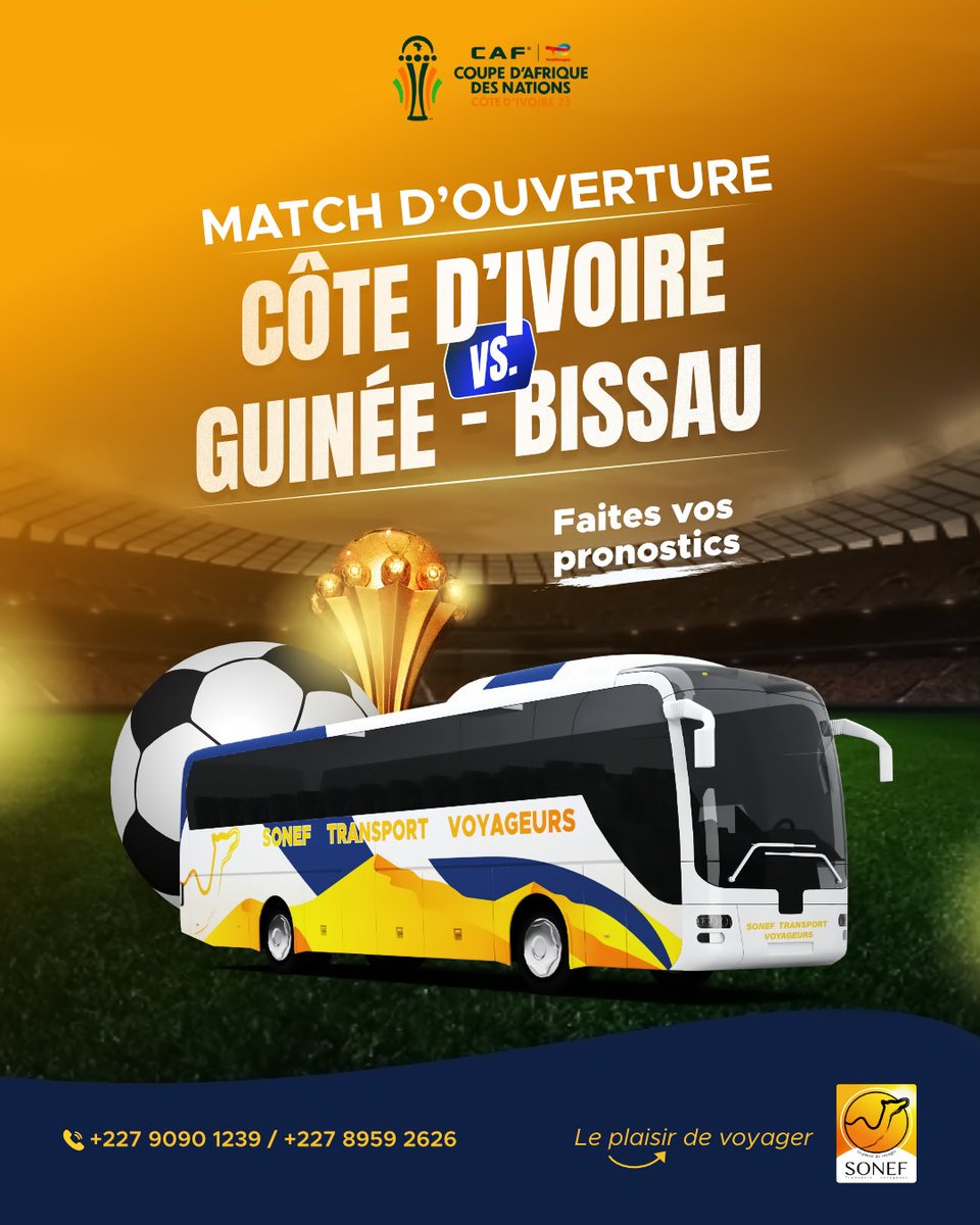 Sonefstv's tweet photo. 𝘾̧𝙖 𝙮 𝙚𝙨𝙩!  
Nous souhaitons une bonne compétition à tous les pays desservis par Sonef qui y participent
De notre côté, on parie sur une victoire 2-0 de la Côte d'Ivoire et VOUS?
#CAN2023
#LePlaisirDeVoyager
#Mauritanie #Niger #Mali #cotedivoire https://t.co/BEQhHHrsYx