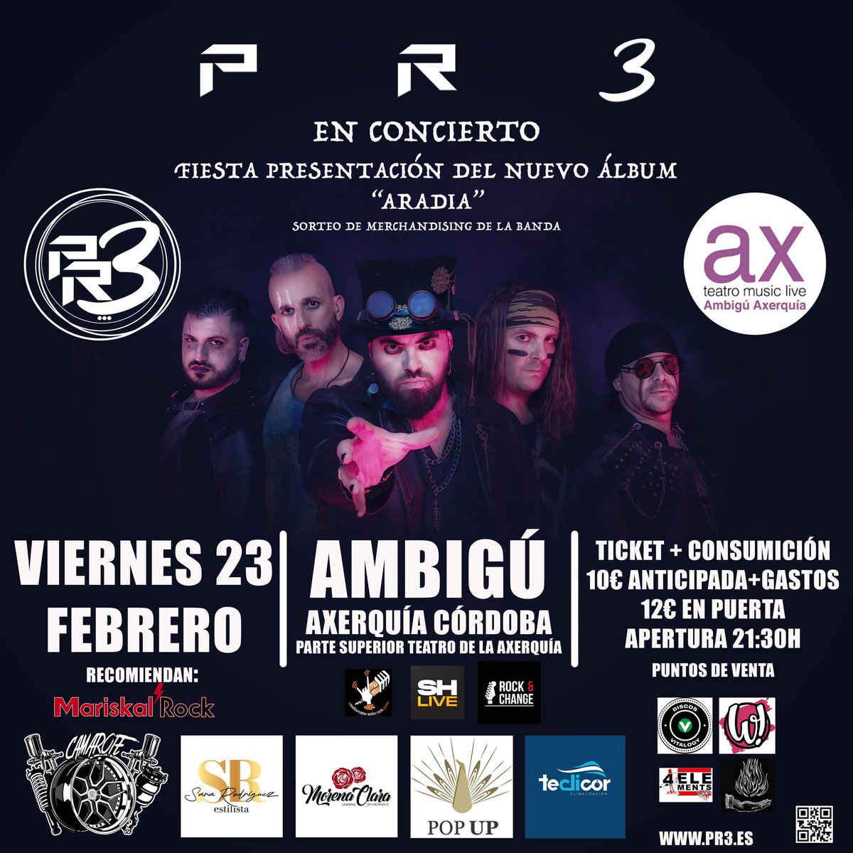 Presentamos el nuevo disco de PR3 en <a href="/AmbiguAxerquia/">SalaAmbigu Axerquia Córdoba</a>. "Aradia" es un soplo de aire fresco en el metal y el rock. Será en Córdoba donde empezamos gira.
Compra tu entrada en <a href="/woutick/">woutick!</a>