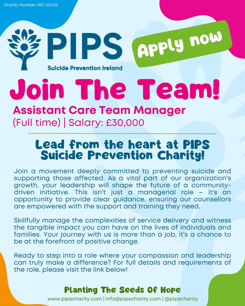 Join the team!🚨

⭐️Assistant Care Team Manager⭐️

(Full time) | Salary: £30,000

login.hirelocker.com/PIPSCharity/jo…