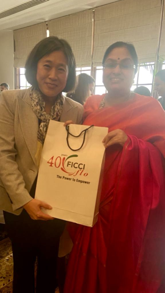 FLO President <a href="/ShivkumarSudha/">Sudha Shivkumar</a>  at the roundtable discussion with visiting United States Trade Representative <a href="/AmbassadorTai/">Ambassador Katherine Tai</a> todiscuss women’s economic empowerment Saturday, January 13, 2024, at 11:00 a.m. – 12:00 p.m. The Imperial Hotel, New Delhi. <a href="/USTradeRep/">United States Trade Representative</a> <a href="/CimGOI/">Minister of Commerce and Industry</a> <a href="/shypk/">Shailesh K. PATHAK</a>