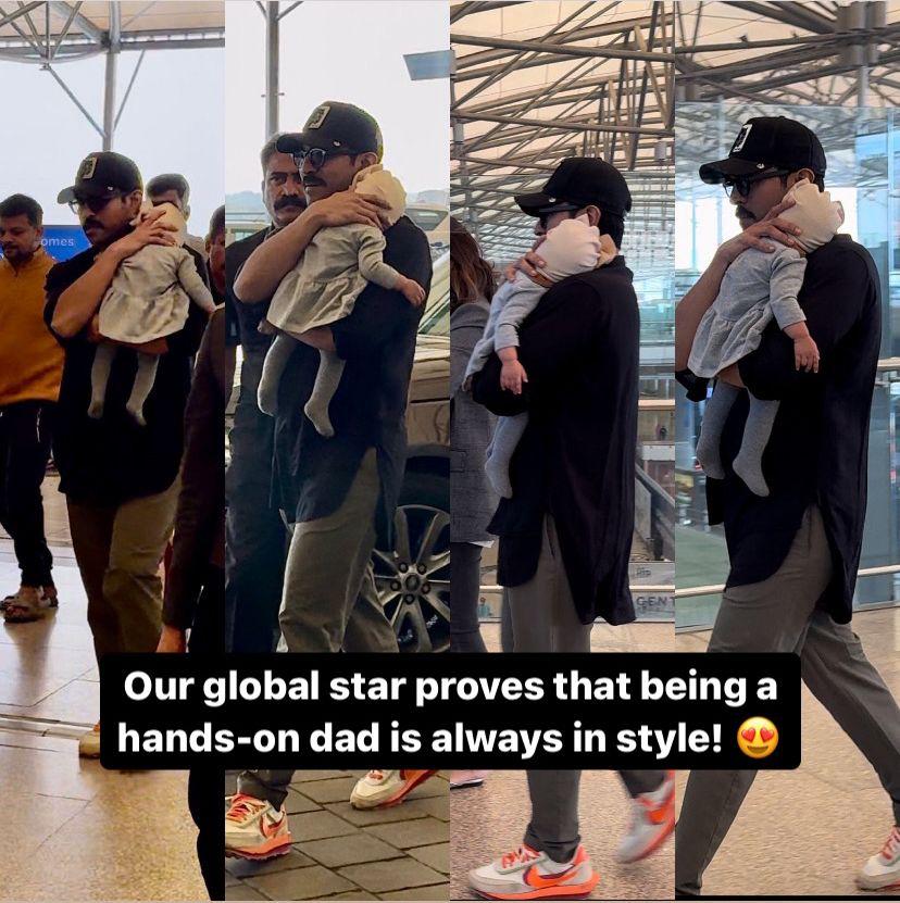 Cinetalkers's tweet photo. Dad goals! Ram Charan spotted with beautiful wife Upasana and our mega little princess Klin Kaara at Hyderabad airport as they take off to Bangalore for Sankranti celebrations

#RamCharan #upasanakonidela #klinkaara
#megasankranti #cinetalkers https://t.co/RH636vNjjH