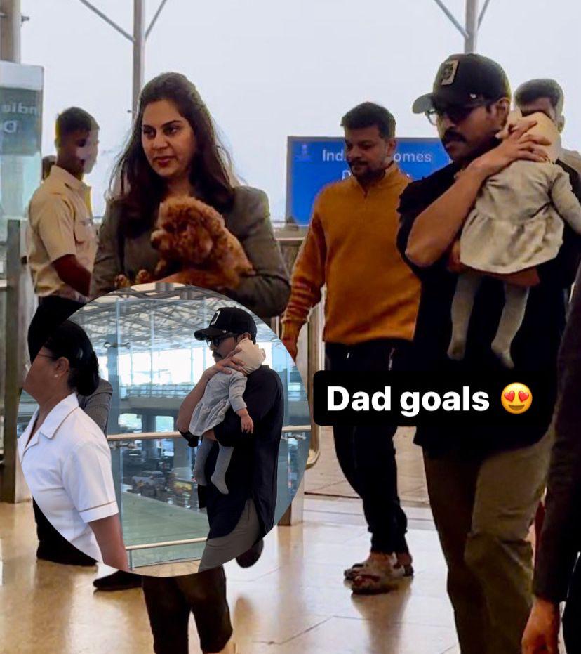 Cinetalkers's tweet photo. Dad goals! Ram Charan spotted with beautiful wife Upasana and our mega little princess Klin Kaara at Hyderabad airport as they take off to Bangalore for Sankranti celebrations

#RamCharan #upasanakonidela #klinkaara
#megasankranti #cinetalkers https://t.co/RH636vNjjH