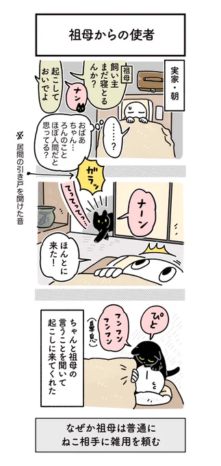 すごいナチュラルにねこに雑用を頼む祖母と、なぜか素直にちゃんと頼まれごとを実行してくれるろんさんの絵日記 #ろんの絵日記