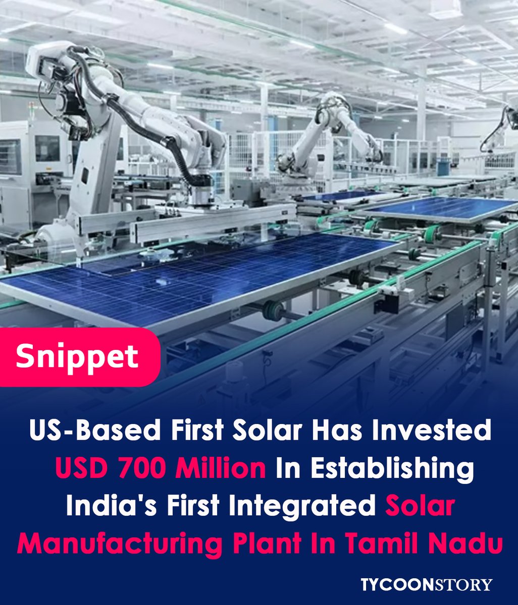 First Solar Opens A 3.3 Gw Production Plant In India. 
#FirstSolar #SolarPower #GreenEnergy #ManufacturingInIndia #RenewableEnergy #SolarInnovation #CleanTech #SustainableFuture
#SolarManufacturing #IndiaSolar #SolarIndustry 
tycoonstory.com