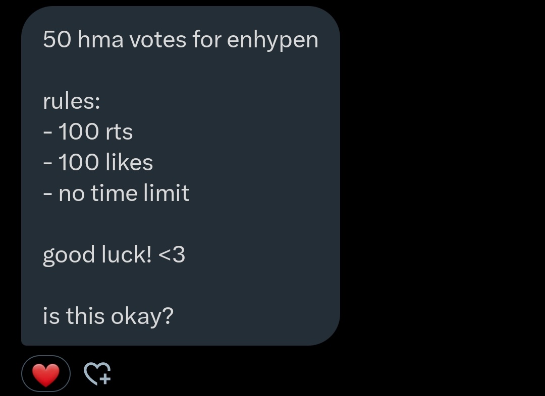 50 hma votes for enhypen

rules:
- 100 rts
- 100 likes
- no time limit

good luck! &lt;3