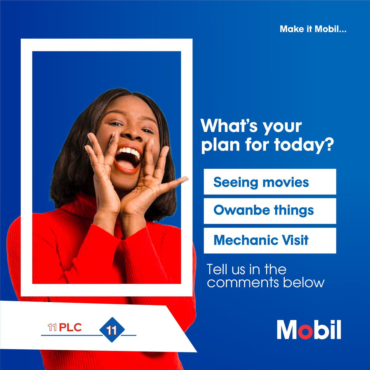 What’s your plan for today, are you seeing movies, going for owanbe or visiting the mechanic workshop. Drop your comments below 👇 

#mobillubricantes #mobilengineoil #mobilsuperoil #carmaintenance #weekendvibes