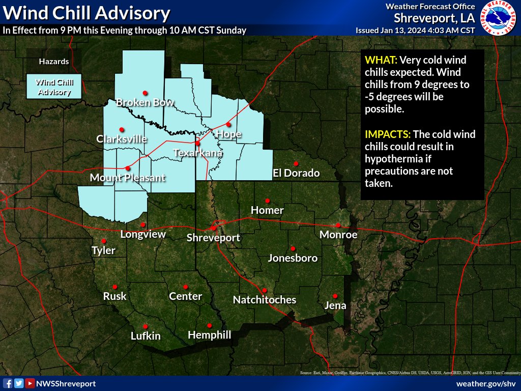 NWSShreveport's tweet photo. A Wind Chill Advisory has been issued and will go into effect at 9:00 PM CST this evening and continue through 10:00 AM CST Sunday morning for portions of northeast Texas, SW Arkansas, and SE Oklahoma. Wind chill values between +9° to -5° F are expected in the Advisory area. https://t.co/9j1o528xX2