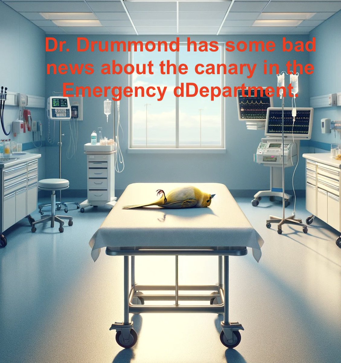 TheSGEM's tweet image. I asked AI to generate a dead canary in a coal mine image but have the dead canary in the emergency department. 

This was inspired by an @alandrummond2 quote.