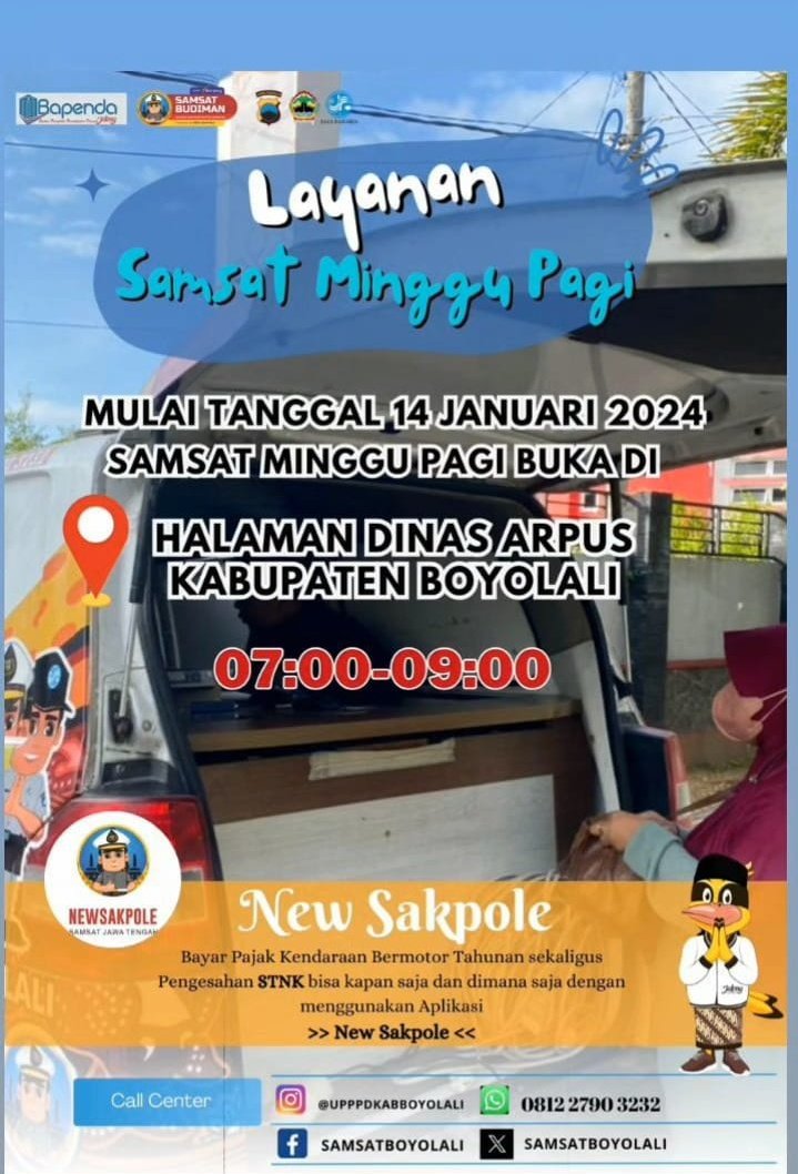 Hallo masyarakat Boyolali dan sekitarnya! 👋
Layanan Samsat Minggu Pagi mulai tanggal 14 Januari 2024 lokasinya sekarang berada di Halaman Perpustakaan Umum Daerah Kabupaten Boyolali (Remes Maos). Melayani pembayaran Pajak Kendaraan Bermotor Tahunan mulai pukul 07.00 - 09.00 😊