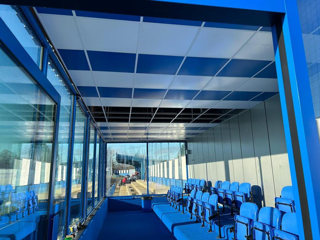 StaveleyMWFC's tweet photo. Our Elderly &amp; Disabled Stand
“fit-out” is now 
on-going with our blue &amp; white striped ceilings with a centre feature panel to be designed - lighting next - progress 
Onwards ⚽️💙🤍👍 https://t.co/3MTO4g4gWl