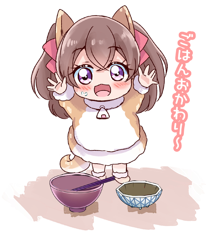 1girl bowl brown hair solo purple eyes open mouth food on face  illustration images