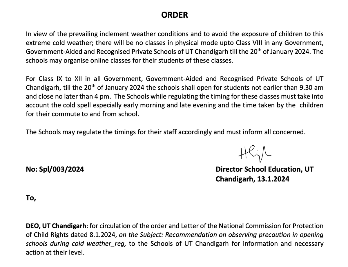 SchoolEduChd's tweet photo. School Opening Schedule and timing in UT Chandigarh uptill 20th Jan 2024 https://t.co/JxmUGbWbvc