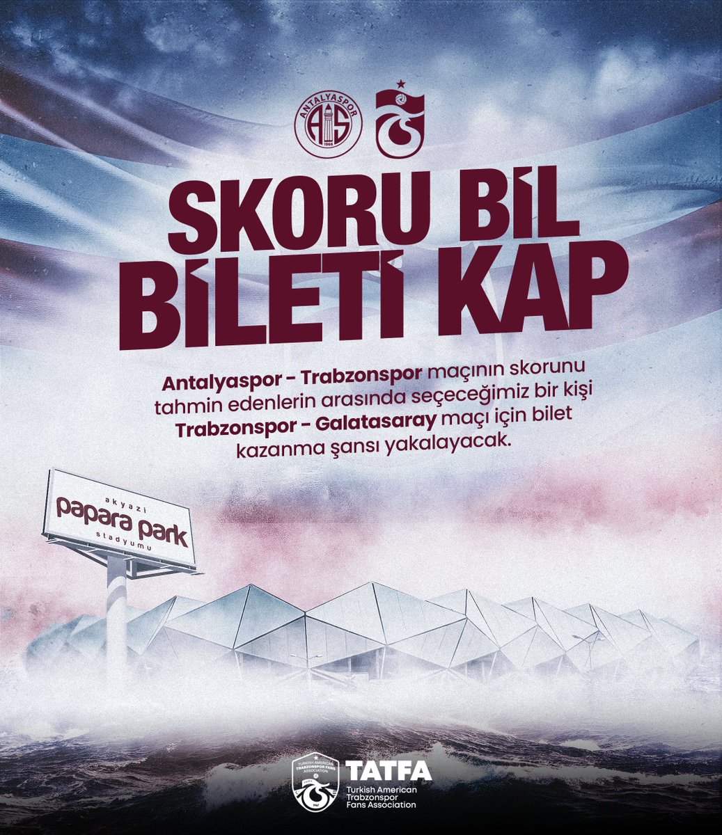 🎟️ Skor Bil Bileti Kap!

Antalyaspor- Trabzonspor maçının skorunu tahmin eden şanslı taraftarımız bir sonraki iç saha maçı olan Trabzonspor - Galatasaray maçına bilet kazanma şansı yakalayacak!

✅ Skorunu yaz  ve Retweet et! 

Herkese bol şans, takımımıza başarılar!