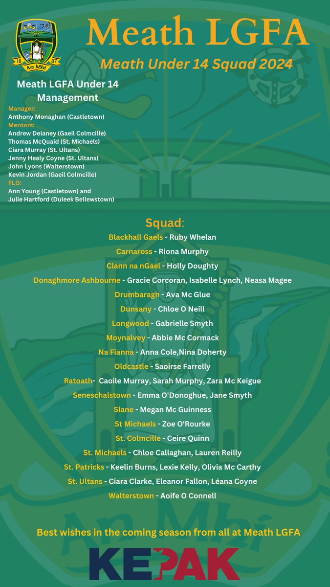Meath LGFA Under 14, U16 and Minor Squads announced for 2024 season
Congratulations to all involved and best of luck from all at Meath LGFA
<a href="/HSmeath/">Hoganstand Meath</a> <a href="/meathchronicle/">Meath Chronicle</a> <a href="/LMFMRADIO/">LMFM RADIO</a> <a href="/wearemeath/">We Are Meath</a> <a href="/LeinsterLGFA/">Leinster LGFA</a> <a href="/extratime_sport/">Robert Cox</a>