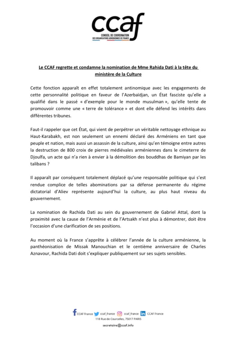 Le CCAF condamne la nomination de Mme <a href="/datirachida/">Rachida Dati ن</a> à la tête du ministère de la Culture

Au moment où la🇫🇷s’apprête à célébrer l’année de la culture🇦🇲, la panthéonisation de Missak Manouchian et le 100è anniversaire de Charles Aznavour, Mme Dati doit s’expliquer sur ses positions