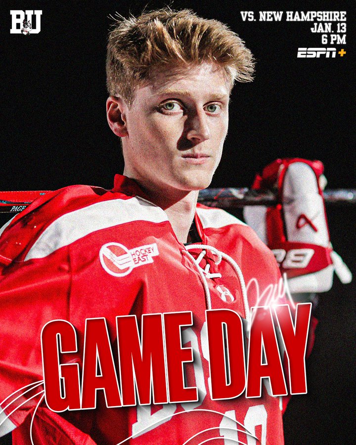 Game day graphic featuring posed photo of Jack Page. BU vs. New Hampshire, Jan. 13, 6 PM on ESPN+.