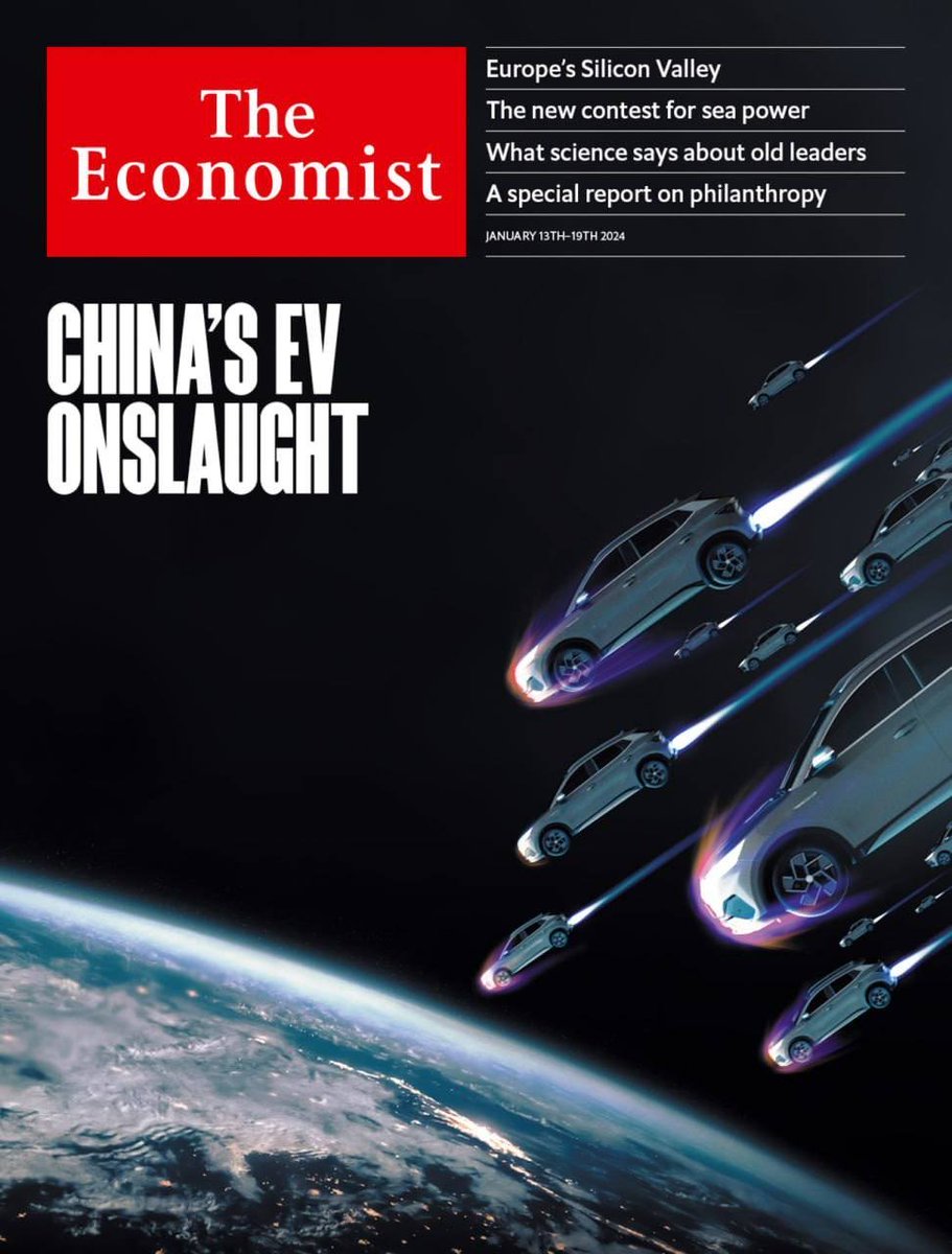 Here's two magazine covers by the @TheEconomist ten years apart, each depicting our Earth facing an existential threat. In 2013, the threat was China's carbon emissions. In 2024, the new threat is China's lead in green technologies.