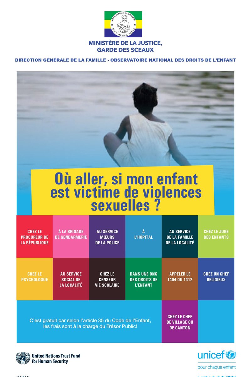 Les numéros gratuits 1404 et 1402 sont toujours fonctionnels. Contactez les services de protection pour recevoir une assistance. 
Ministère de la Justice, Garde des Sceaux, chargé des Droits de l’Homme et de l’Egalité des Genres
ONU Gabon 
UNICEF Gabon
