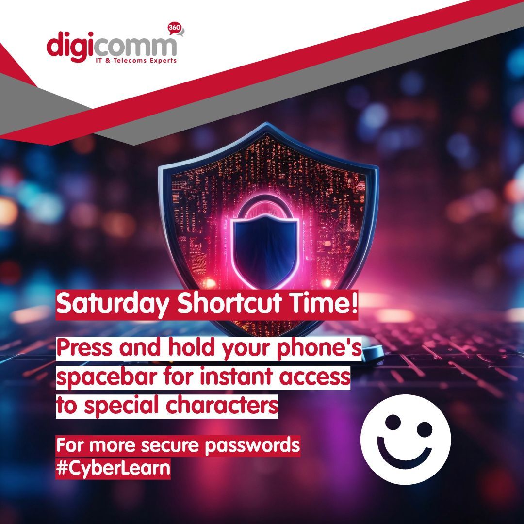 digicomm360's tweet image. 🔐 To boost your online security, create strong passwords easily! Use this shortcut: Press and hold your phone&apos;s spacebar for instant access to special characters. Mix them in, and you&apos;ll have a rock-solid password in no time! Stay cyber-safe with #CyberLearn! 💪🌐