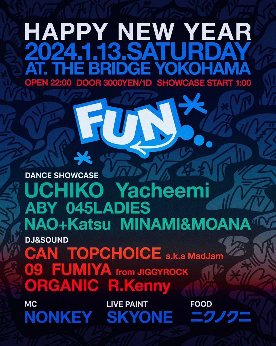 bridgeyokohama's tweet photo. OPENしてます！

1/13 sat.
THE BRIDGE YOKOHAMAは

FUN

OPEN 22:00

SHOWCASE START 1:00

DOOR ¥3,000-/1drink 込み

https://t.co/iFPJDnudnr 

ご来店お待ちしてます！

#fun045
#bridgeyokohama
#thebridgeyokohama https://t.co/J4ch1EzYY8