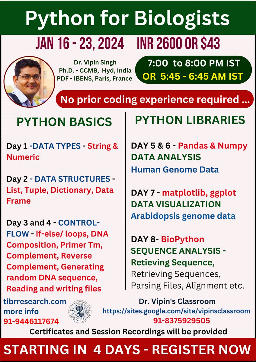 dr_vipin_singh's tweet photo. #python_workshop
Registration Link - https://t.co/JYK4bbYASo

#biotechnology #biology #bioinformatics #python #DrVipinsWorkshop #googlecolab #jupyternotebook #BiologistsMustCode https://t.co/qRphSvm2nA
