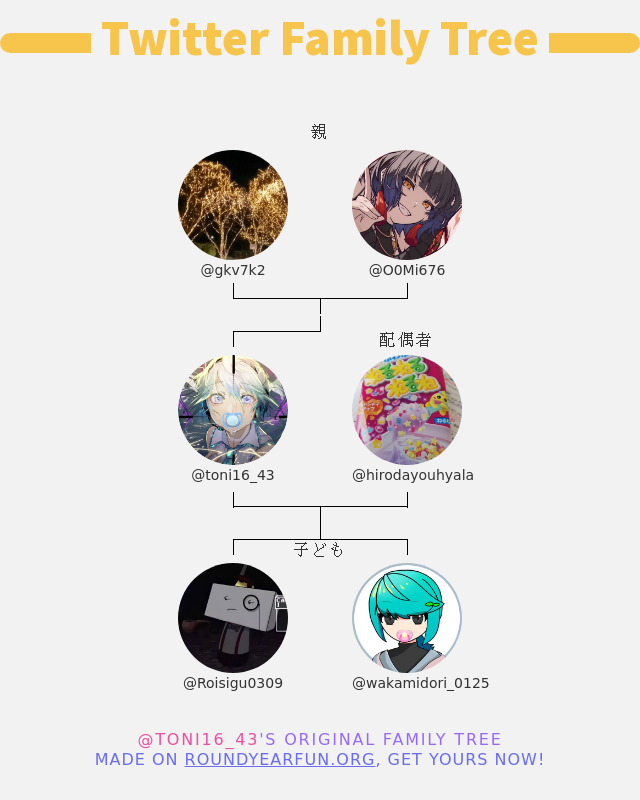 👨‍👩‍👧‍👦 私のTwitter家族:
👫 親: <a href="/gkv7k2/">コウシヨウ</a> @O0Mi676
👰 配偶者: <a href="/hirodayouhyala/">ヒロ</a>
👶 子ども: <a href="/Roisigu0309/">roi</a> @wakamidori_0125

➡️ funxgames.me/twitterfamily?…