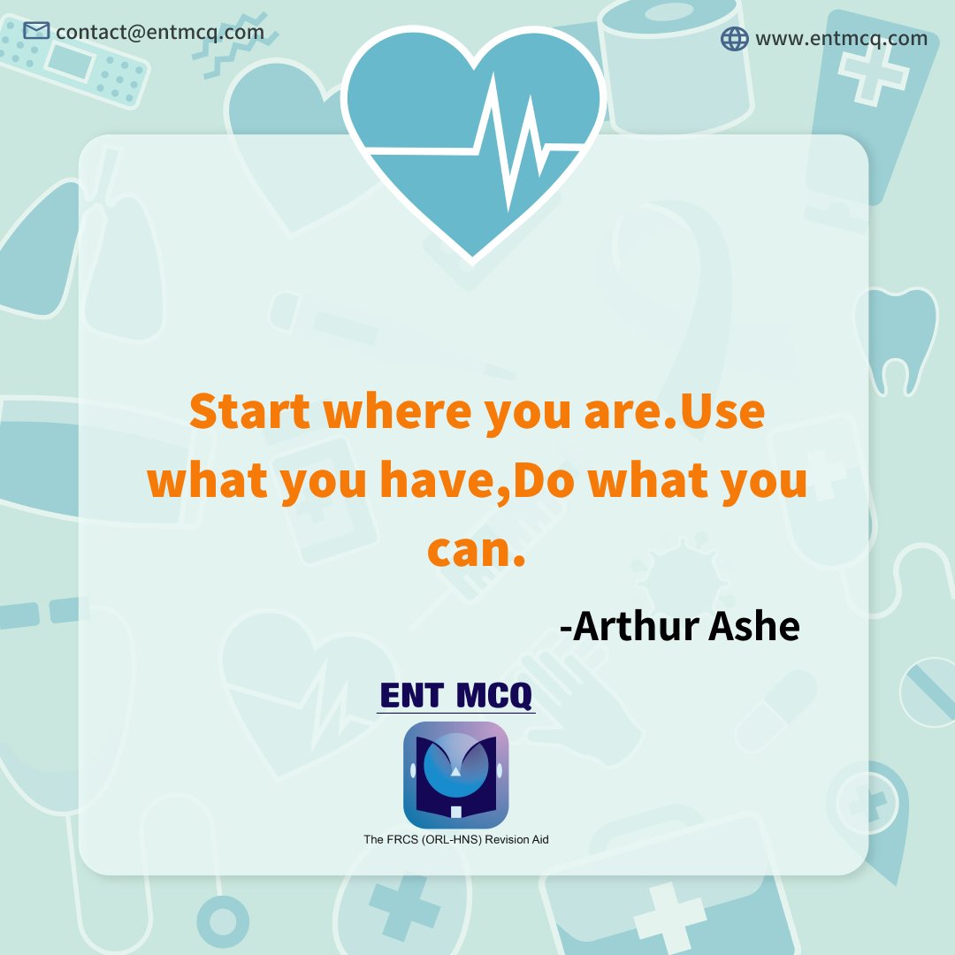 Start where you are use what you have,Do what you can
-Arthur Ashe

𝐂𝐨𝐧𝐭𝐚𝐜𝐭 𝐮𝐬 𝐨𝐧 support@entmcq.com and visit us on entmcq.com

#FRCSORLHNS #OtoPrep #ENTExam #motivationdaily #motivationalquotes #quotesoftheday
