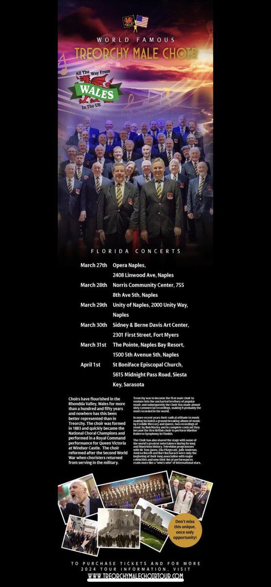 Details of the choir’s forthcoming tour of Florida! treorchymalechoirtour.com
<a href="/VISITFLORIDA/">VISIT FLORIDA</a> <a href="/VisitSarasota/">Visit Sarasota County</a> <a href="/NaplesFloridaa/">Naples Florida</a>