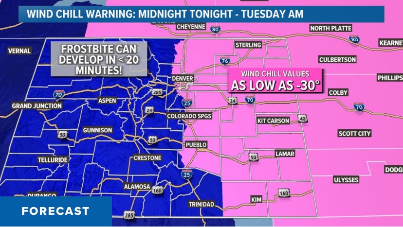 BianchiWeather's tweet photo. 🥶🌨️ *Bitter, dangerous cold* with wind chills down to -30° in Denver today, and mainly cloudy with a few flurries. High around just 5°.

🥶 Similarly cold tomorrow, but with a better chance for snow. More snow for Monday, with an additional 2-4”+ possible through Tuesday.

#COwx https://t.co/kqjKjXZSnY