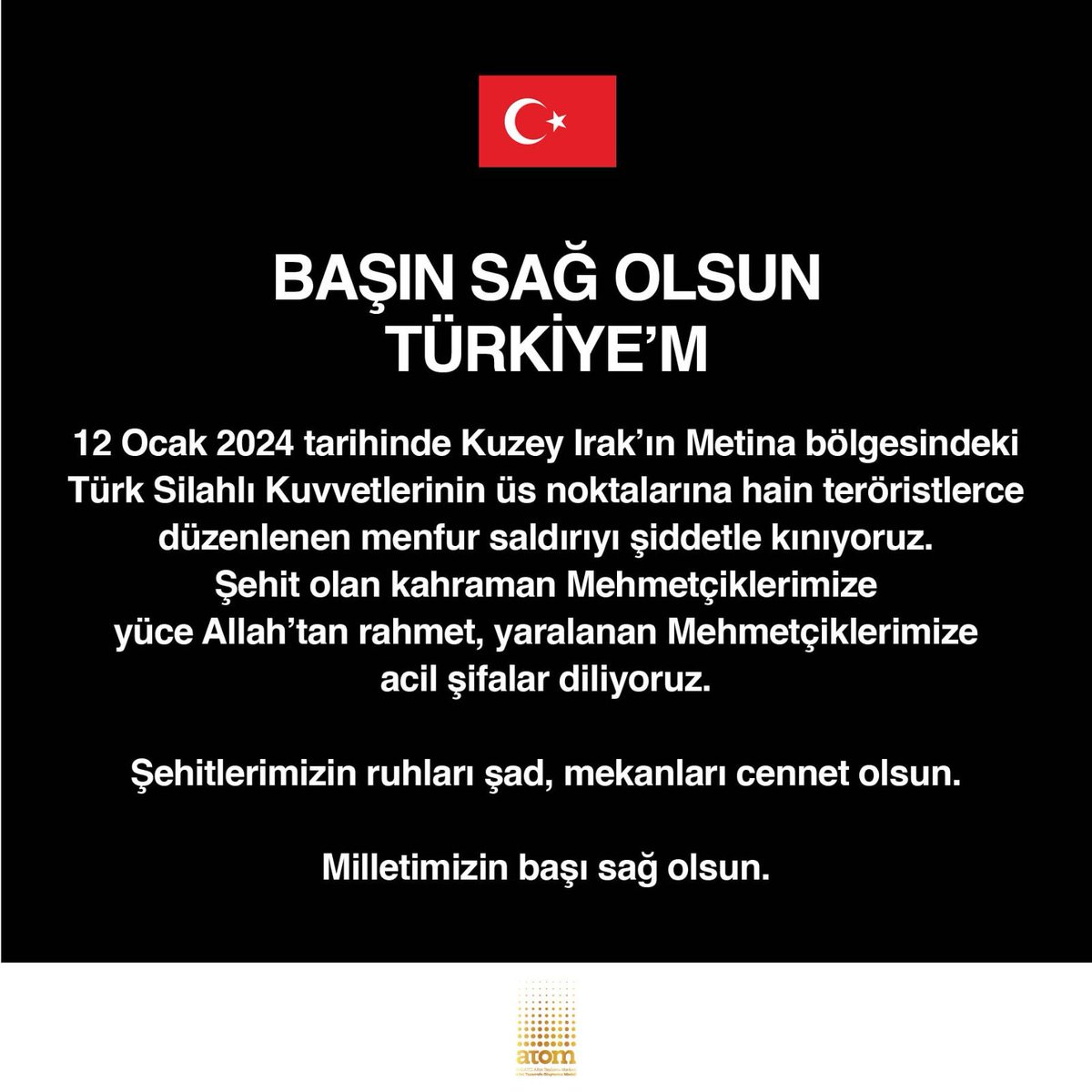 Pençe Kilit Harekatı bölgesinde hain terör örgütü PKK tarafından düzenlenen saldırıda şehit olan askerlerimize Allah'tan rahmet, aileleri, sevenleri ve Türk Silahlı Kuvvetlerimize başsağlığı; yaralı askerlerimize acil şifa diliyoruz