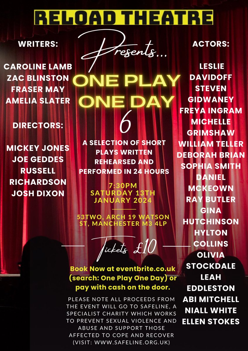 Ameliarslater's tweet photo. So so excited for my play ‘Sisterhood’ to be part of @reloadtheatre’s One Play One Day 6 tonight at @53two starring @LeahEddleston9 @ellen_stoakes Orline Riley and Michelle Grimshaw. 🙌🏻✨
Directed by @RussellRichard4 
Assistant director: Ella Fraser 
7:30pm - tickets on the door! https://t.co/gPS9kh26lW
