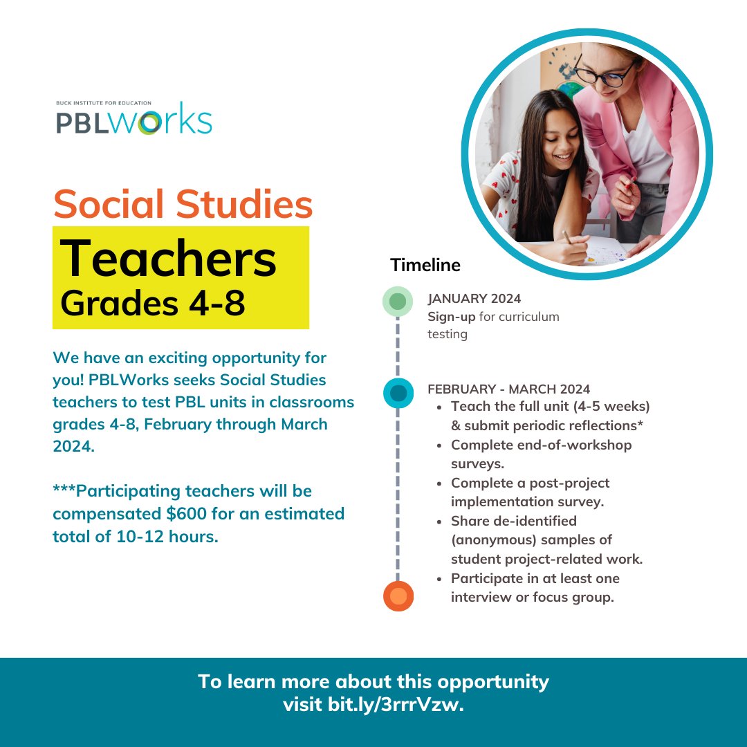 📢 Social Studies Teachers, grades 4-8! We have an exciting opportunity for you! PBLWorks seeks teachers to test new PBL curriculum units from February to March 2024. Play an active role in PBL unit development and get financially rewarded! Details here: bit.ly/3rrrVzw