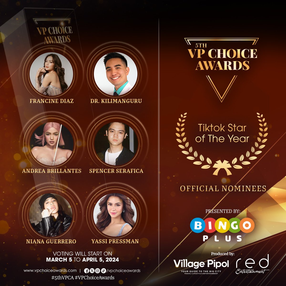 vpchoiceawards's tweet photo. Here are the #5thVPChoiceAwards official nominees for 🏆Tiktok Star of the Year ✨

Pipol, you have the power to choose this year's winner! Voting will open on March 5 to April 5, 2024. For more details, visit: https://t.co/1amPebmnRd 
#5thVPCANomineesReveal #5thVPCA https://t.co/0Fp3iYyRIz