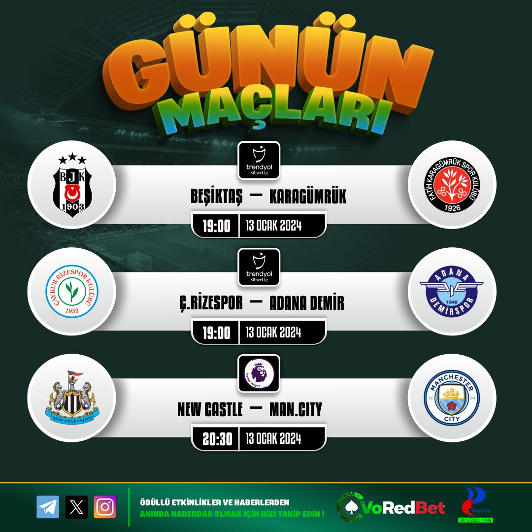 🔔Haftasonu #kazandıran karşılaşmalar #Voredbet'te!

Günün Maçları;
⚽Beşiktaş vs Karagümrük
⚽Ç.Rizespor vs Adana Demirspor
⚽Newcastle United vs Manchester City

🎁#freebetler ve 7/24  #hızlı #çekim garantisi;

📲vored.vip

#spor #canlı #oran