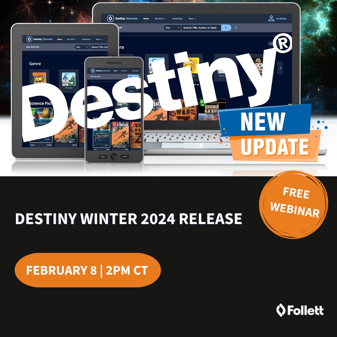 Join us for an exciting webinar to learn more about the latest Follett Destiny 21.0 update! Our experts will show you the new user interface, take you on a guided tour of the refreshed dashboards, and much more. Register today: bit.ly/3TQZR4C. 

#FollettDestiny