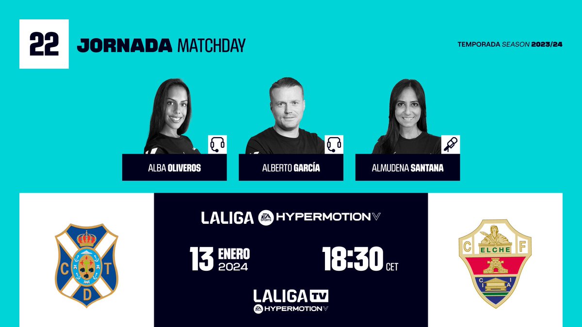 Alberto García (@1alberto_garcia) on Twitter photo 👉 #LaLigaHypermotion está de vuelta!
Comenzamos la Jornada 22 con el partido que enfrenta a:
CD Tenerife 🆚 Elche CF
🎙️ <a href="/albaoliverosz/">Alba Oliveros</a> <a href="/_AlmuSantana/">Almudena Santana</a>
⏰ 18:30h
📺 #LaLigaTVHypermotion
#InsideLaLiga 👉 #LaLigaHypermotion está de vuelta!
Comenzamos la Jornada 22 con el partido que enfrenta a:
CD Tenerife 🆚 Elche CF
🎙️ <a href="/albaoliverosz/">Alba Oliveros</a> <a href="/_AlmuSantana/">Almudena Santana</a>
⏰ 18:30h
📺 #LaLigaTVHypermotion
#InsideLaLiga