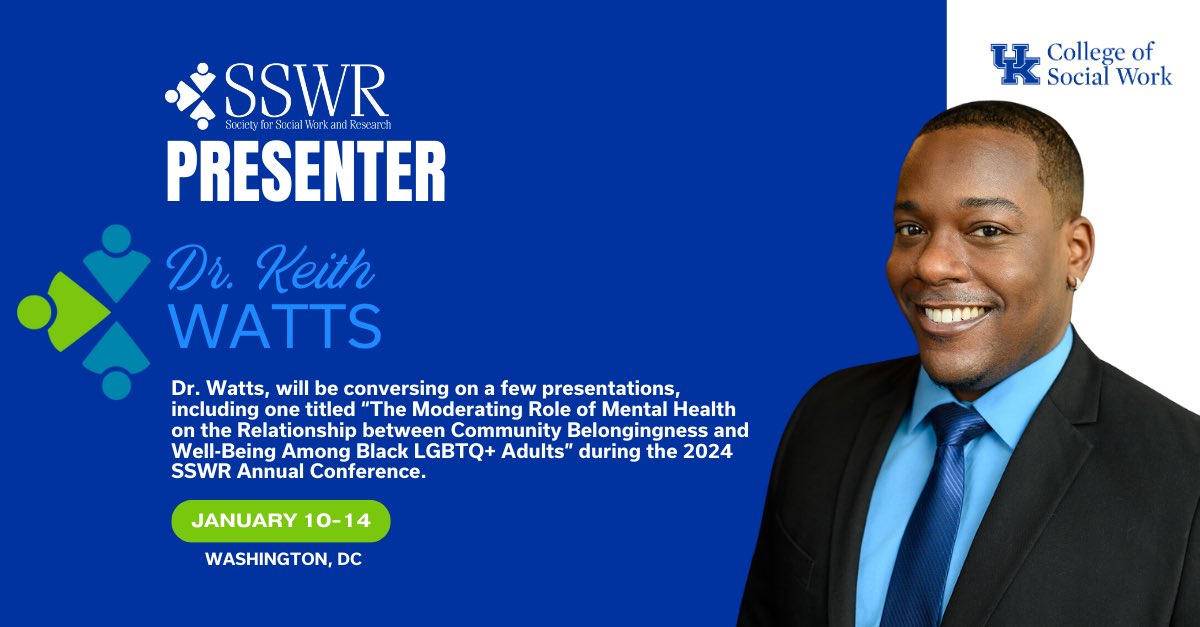 <a href="/WattsKeithJ/">Keith J. Watts, PhD, MSW</a> His work, including 'The Moderating Role of Mental Health on the Relationship between Community Belongingness and Well-Being Among Black LGBTQ+ Adults' is making waves at #SSWR2024. Kudos to his dedication to advancing social work knowledge! 🌟

#UKCoSW #SocialWork