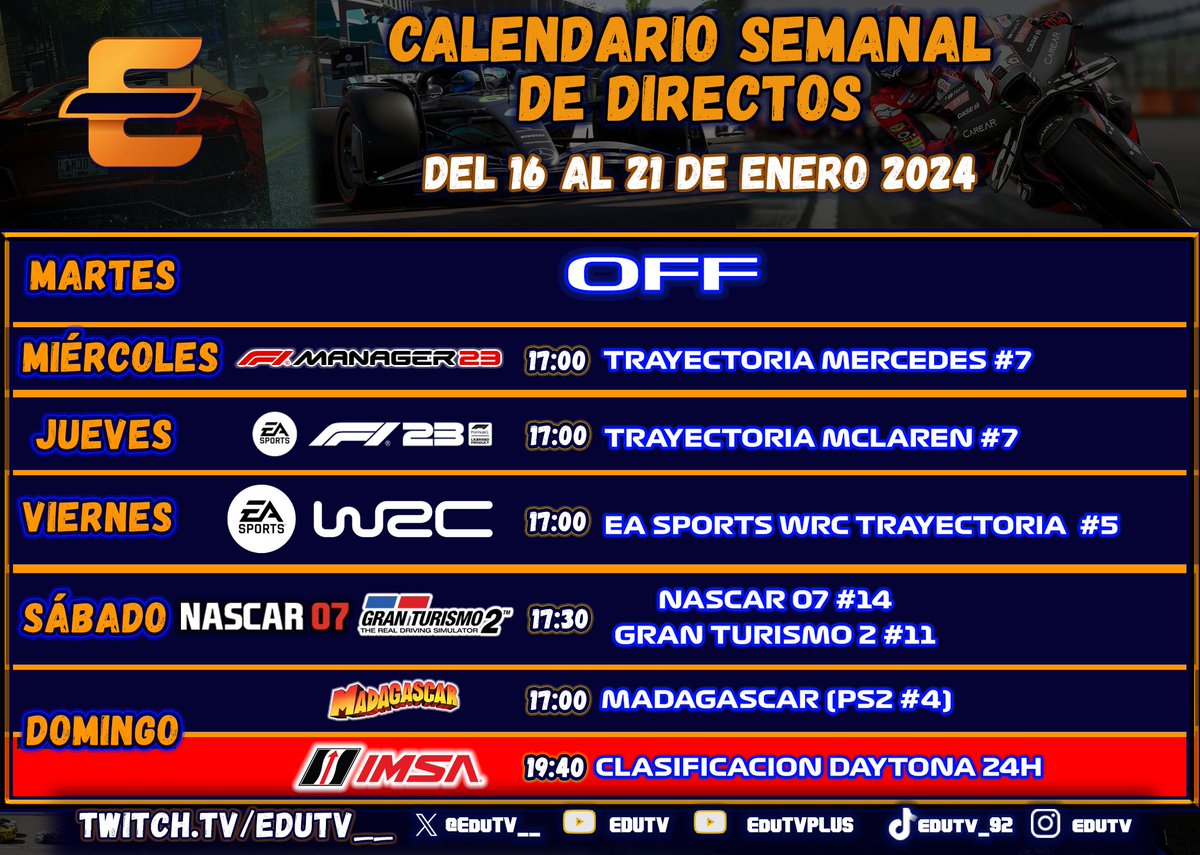 Ahora si empezamos 2024.
-F1 Manager 23
-Vuelve F1 23 y McLaren
-Trayectoria WRC
-Comenzamos 3ª temp. en NASCAR (cup y Busch) con <a href="/H4rvickismo29/">Kevin Planvick²⁹ #4EVER #ADVDRCR 😀👍</a>  y Gran turismo 2  con <a href="/TheDollarMan_21/">𓃵𝑻𝒉𝒆𝑫𝒐𝒍𝒍𝒂𝒓𝑴𝒂𝒏21𓃵</a> 
-Domingo CLASIFICACION DE DAYTONA! con ellos <a href="/DareMagic_YT/">DareMagic</a> y mas!

twitch.tv/edutv__