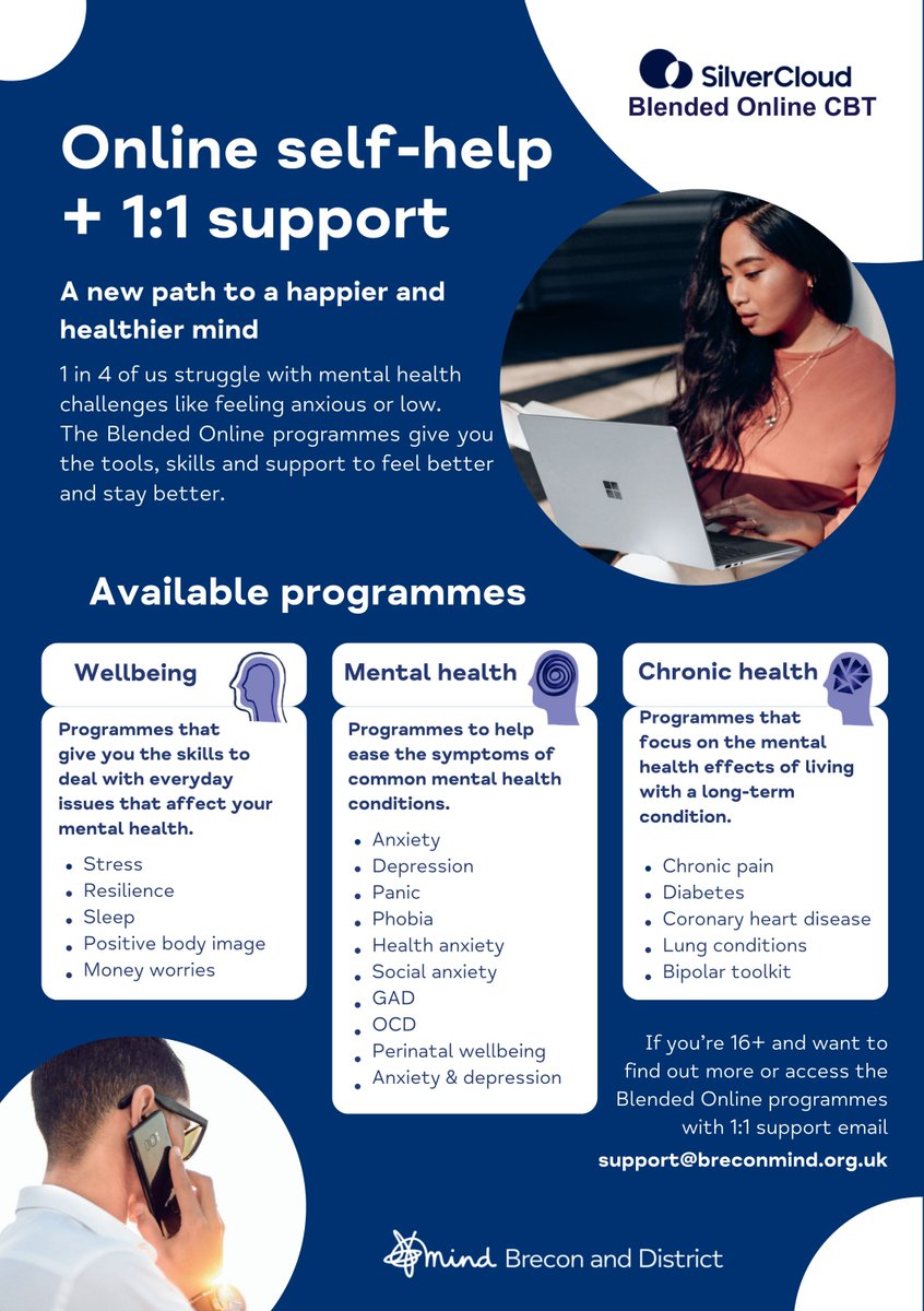BreconMind's tweet image. If you’re feeling low, anxious, stressed, we are here to help in many different ways. One way is to provide support for people to access SilverCloud – an online self-help programme based on CBT (Cognitive Behavioural Therapy) @breconmind #silvercloud

breconmind.org.uk/services-2/sil…
