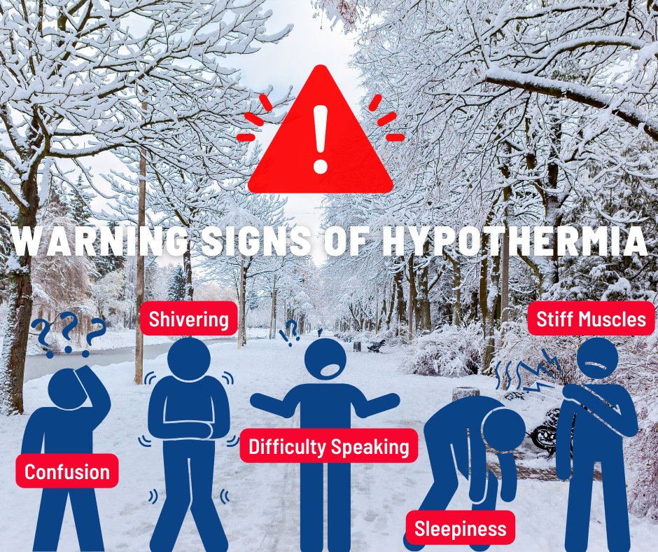 It is about to get COLD out there! When exposed to cold temperatures, your body loses heat faster than it’s produced. Lengthy exposures will eventually use up your body’s stored energy, which leads to lower body temperature. Don't wait - take action! Keep warm, and stay safe!