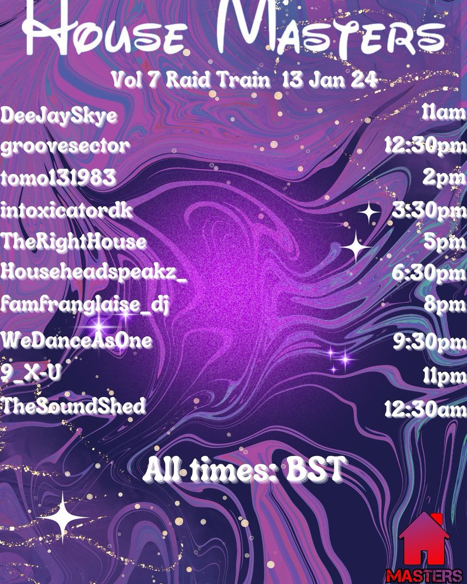 Housemasters Vol 7 raid train has left the station!! Give these awesome DJs a follow on Twitch!!
#housemasters  #raidtrain  #DJs #housemusic  #undergrounddancemusic #househeadspeakz