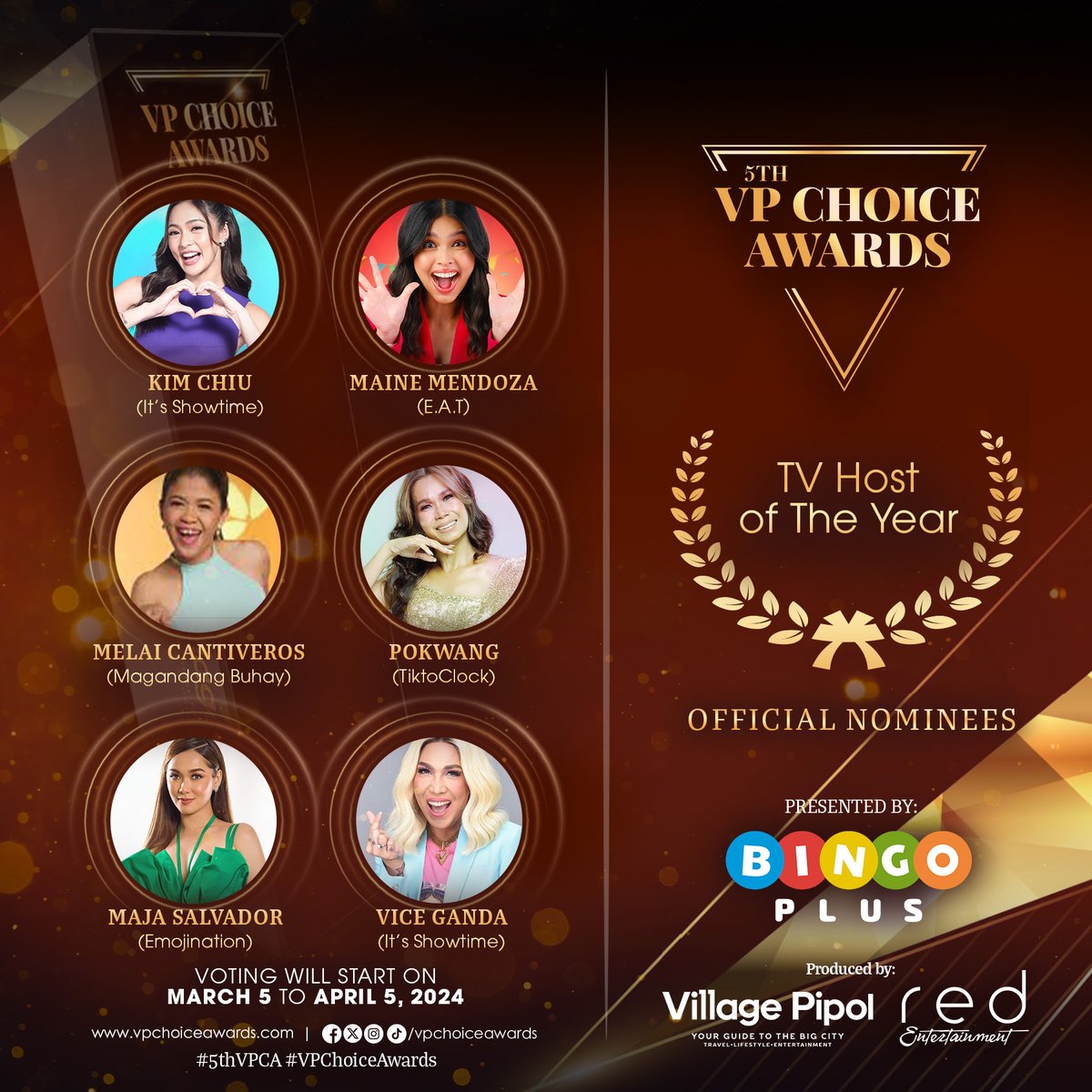 Here are the #5thVPChoiceAwards official nominees for 🏆TV Host of the Year ✨

Pipol, you have the power to choose this year's winner! Voting will open on March 5 to April 5, 2024. For more details, visit: vpchoiceawards.com #5thVPCANomineesReveal #5thVPCA #VPChoiceAwards