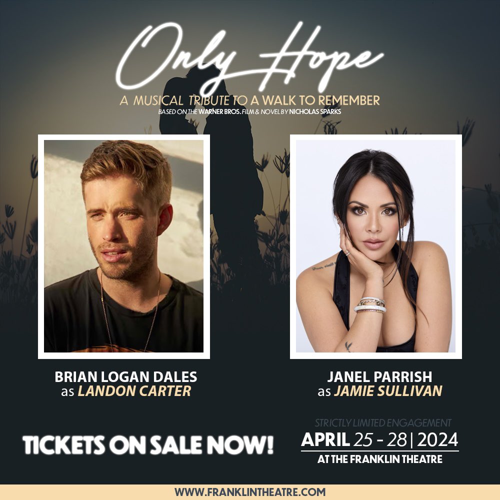 WalkMusical's tweet image. 🎼 I’ll always remember… @brianlogandales and @janelparrish star in Only Hope: A Musical Tribute to A Walk to Remember! Don’t miss this moving and musical tribute to the best-selling novel &amp;amp; film live on stage! Tickets on sale now! franklintheatre.com