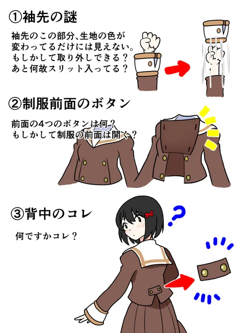 実は北宇治高の女子用制服にもよく分からん部分がありまして、よく描いているのに実は構造が分かっていないという…💦 自分が男だから分からないだけで、実は女性にとってはよくある制服なのかな?  #響けユーフォニアム