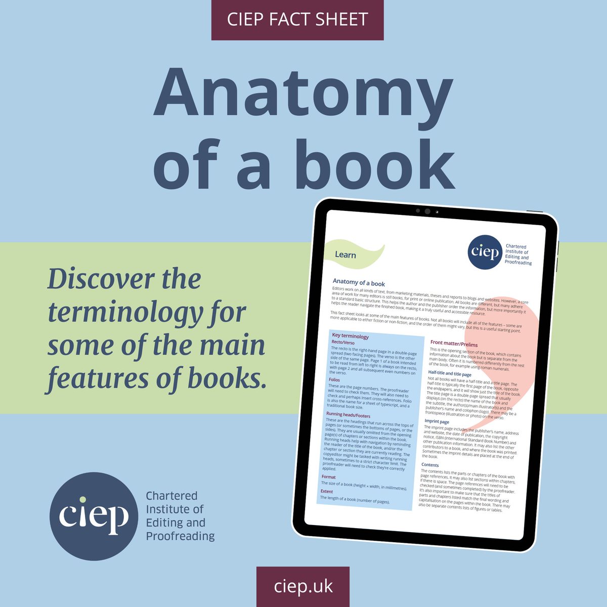 Want to find out about a book's structure? This fact sheet looks at the terminology for some of the main features of books and the order in which they appear. Only £1.50! Free for members. Get your copy here. 👉 ciep.uk/resources/fact…